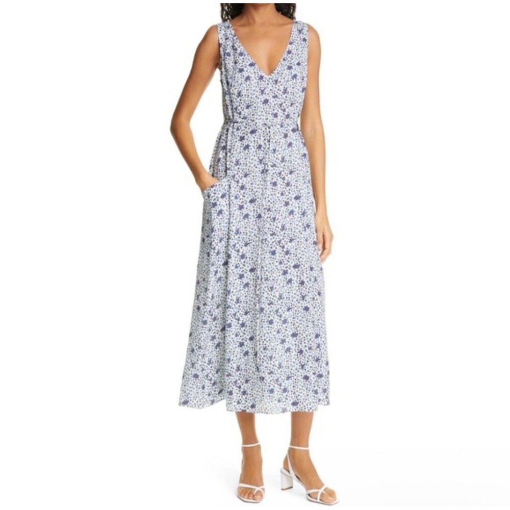 DYVNA Midi Dress Size S Floral White SILK Blend Sleeveless V-neck Pullover
